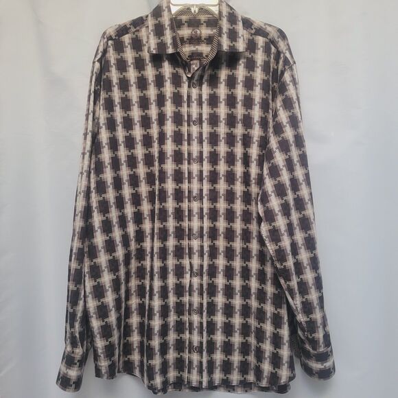 Bugatchi Uomo Classic Fit Shirt Long Sleeve Neutral Geometric Digital Print 2XL - Picture 1 of 12